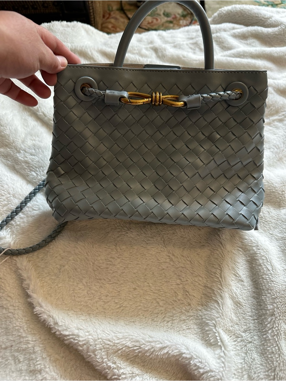 Woven Leather Top-Handle Tote in Light Gray with Gold Accent
